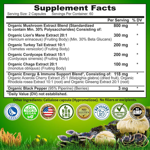 Immune 120Ct Organic Mushroom Complex: Lion's Mane, Turkey Tail, Cordyceps, Chaga, Contains Naturally Occurring Beta