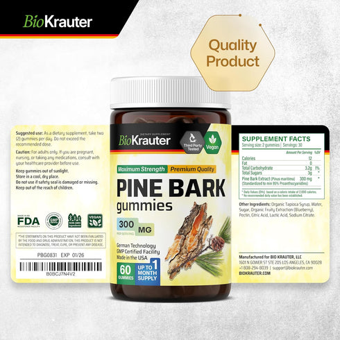 Pine Bark Extract Gummies - 300 mg French Maritime Pine Bark Extract, 60 Vegan Pectin-Based Chews, Antioxidant