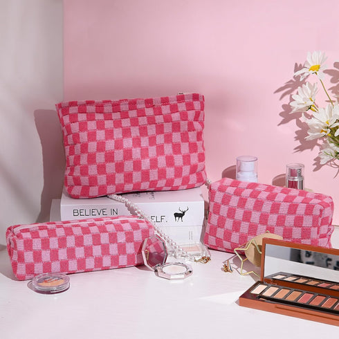 Large Capacity Pink Checkered Makeup Bag Set, 3 Pieces Canvas Travel Organizer for Women