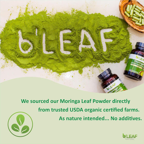 B’Leaf Nature Pure Organic Moringa Oleifera Leaf Powder Capsules 1000mg, Immune System & Energy Booster Supplement