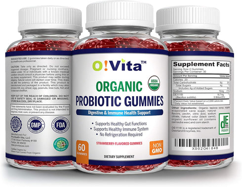 Organic Probiotic Gummies, 60 Non-GMO Gummies, 5 Billion CFU, Max Strength, Strawberry Flavored, Gut Health and Immune