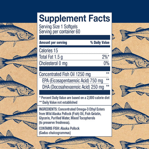 Wiley's Finest Wild Alaskan Fish Oil Peak EPA - Triple Strength 1000mg Omega-3s, SQF-Certified - 60 Softgels (60