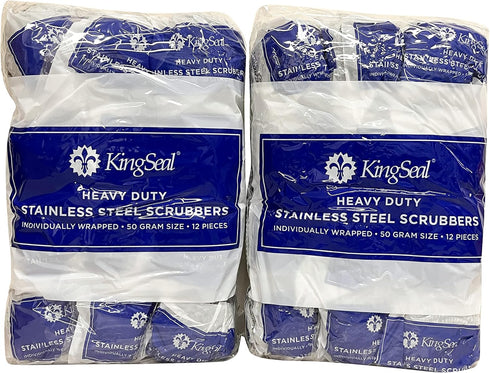 KingSeal Stainless Steel Scrubbers, Heavy Duty Scrub Pads, 50g Weight, 2 Packs of 12 (24 Count), Individually Wrapped