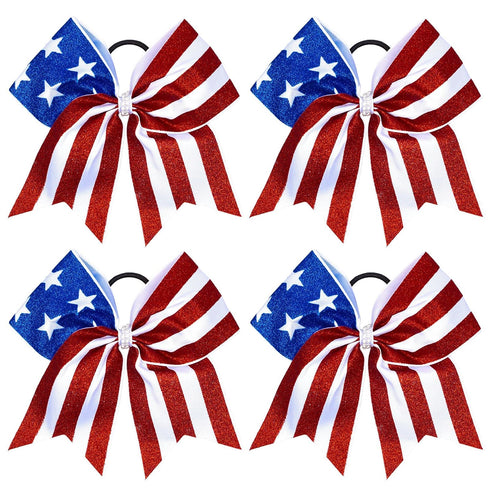 Whaline 4th of July Glitter Cheer Hair Bows - 8 Inch Patriotic Hair Accessories with Elastic Ponytail Holder, 4Pcs