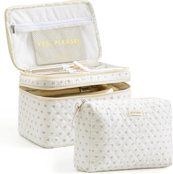 HBselect 2Pcs Double Layer Travel Makeup Bag, Large Cotton Quilted Makeup Bag, Aesthetic Cute Kawaii Cherry Design