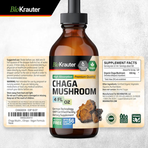 BIO KRAUTER Chaga Mushroom Extract, Tincture for Immune Support - Vegan, Alcohol & Sugar Free Drops 4 Fl.Oz.