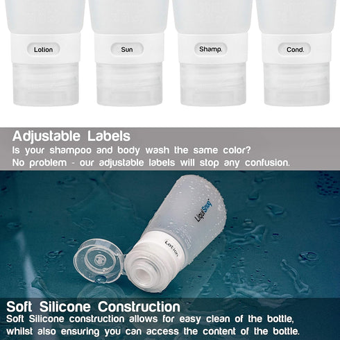 LiquiSnugs Premium Travel Bottles - 100% Leak Proof Silicone Toiletries - TSA Approved, Suction Cups & Adjustable Labels