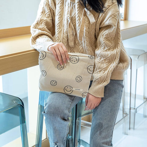 Makeup Bag For Women - Corduroy Cosmetic Bags Aesthetic Design Ladies Tote Bag,Women's Pencil Case,Cute Smiley Face Makeup Organizer with Zipper (Beige)