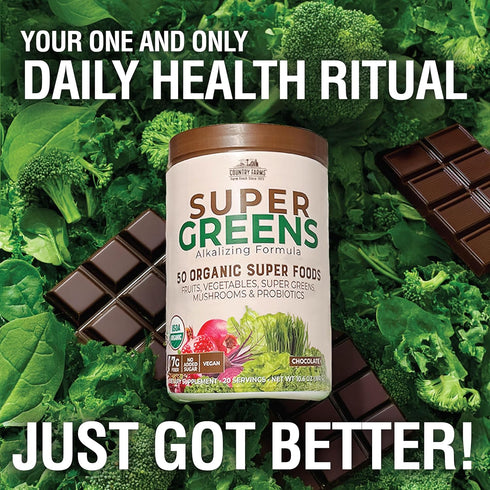 COUNTRY FARMS Organic Super Greens Chocolate Flavor - 50 Organic Super Foods, USDA Organic Drink Mix, Packed with