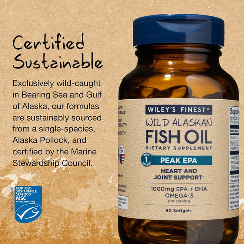 Wiley's Finest Wild Alaskan Fish Oil Peak EPA - Triple Strength 1000mg Omega-3s, SQF-Certified - 60 Softgels (60