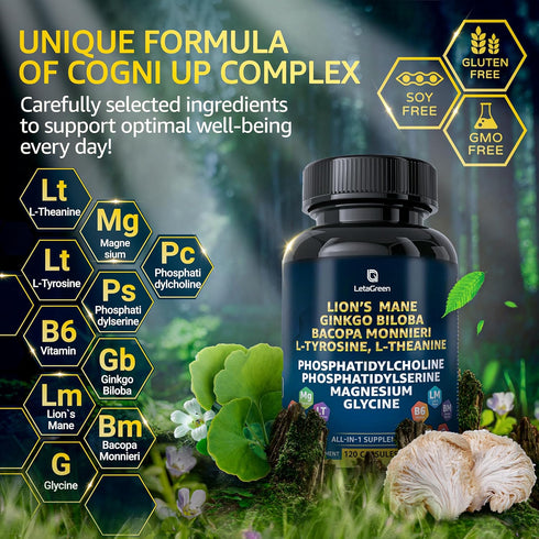 Organic Lions Mane Supplement Capsules - 240 Real Mushrooms Lion's Mane Capsules with Ginkgo Biloba & Bacopa Monnieri -