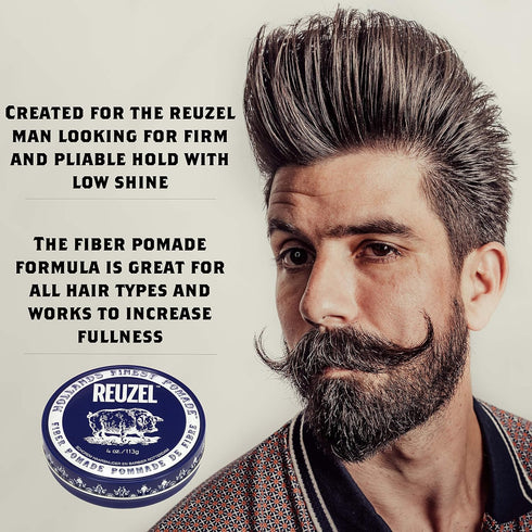REUZEL Fiber Pomade, Firm and Pilable All Day Hold, Water Soluble Styling, Low Shine and Flake Free, Easy To Wash Out, For All Hairstyles