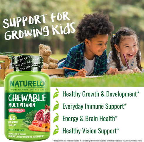 NATURELO Chewable Vitamin for Kids - Multivitamin with Whole Food Organic Fruit Blend, 60 Tablets for Children
