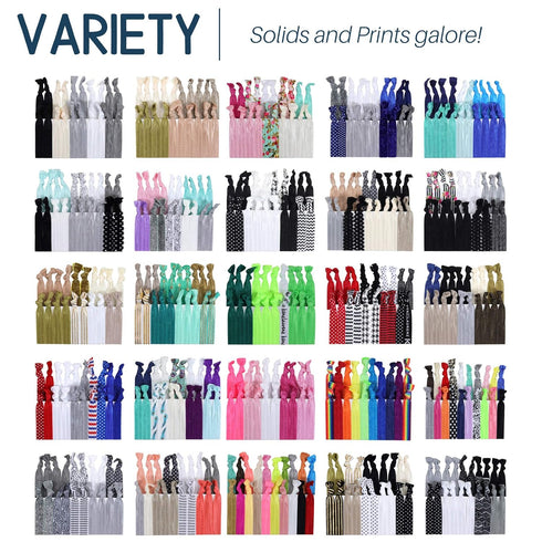 Kenz Laurenz 100 Hair Ties, No Crease Ribbon Elastics, Ouchless Ponytail Holders, Hair Bands, Solids
