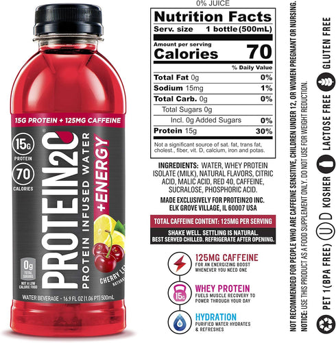 Protein2o 15g Whey Protein Infused Water Plus Energy, Cherry Lemonade, 16.9 oz Bottle (Pack of 12)