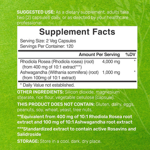 DEAL SUPPLEMENT Rhodiola Rosea with Ashwagandha 5,000mg Per Serving, 240 Veggie Capsules – Max Strength 10:1 Root Extract – Adaptogenic Supplements for Relaxation, Energy, & Brain Health – Non-GMO