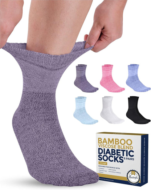 Pembrook Bamboo Viscose Diabetic Socks, 6 Pairs Ankle Socks for Swollen Feet, Neuropathy, Wide Calf and Ankle Socks