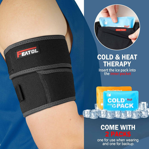FEATOL Bicep Tendonitis Brace with 2 Gel Ice Packs, Upper Arm Brace Tricep Compression Sleeve Support for Hot & Cold