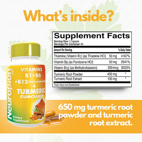 Neurobion Turmeric Curcumin 650 mg Herbal Supplement for Antioxidant Support, High Absorption Ultra Potent Turmeric Supplement Multivitamins Complex with B12, 40 Capsules
