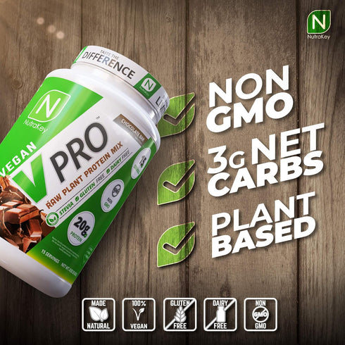 NutraKey V-Pro Raw Plant Protein Powder, Organic, Vegan, Low Carb, Gluten Free with 20g Protein (Chocolate, 2-Pound)