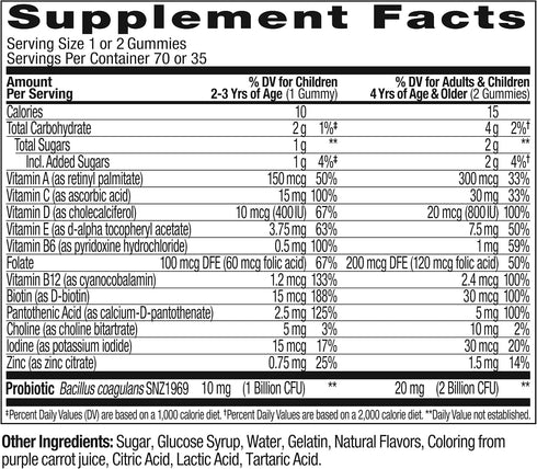 Gummy, 35 70 Count OLLY Kids Multivitamin & Probiotic Digestive Support, Vitamins A, D, C, E, B, Zinc, Chewable