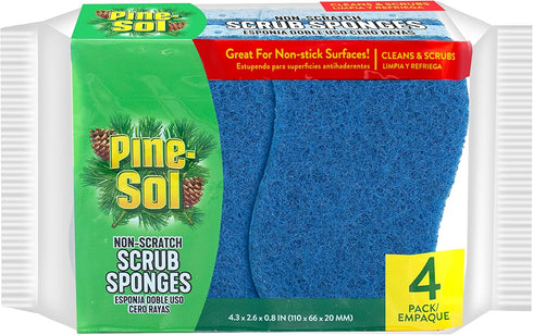 Pine-Sol Non-Scratch Scrub Sponges, Double-Sided Dish Scrubber Safe for Nonstick Cookware, 4 Pack, Blue