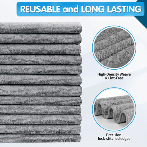 FIXSMITH Grey Microfiber Cleaning Cloth - Pack of 12, Highly Absorbent 16"X12" All Purpose Towels for Housekeeping