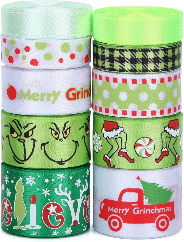 Red Green Ribbon, 10 Rolls Total 50 Yards for Christmas Craft, Gift Wrapping, and DIY Decoration