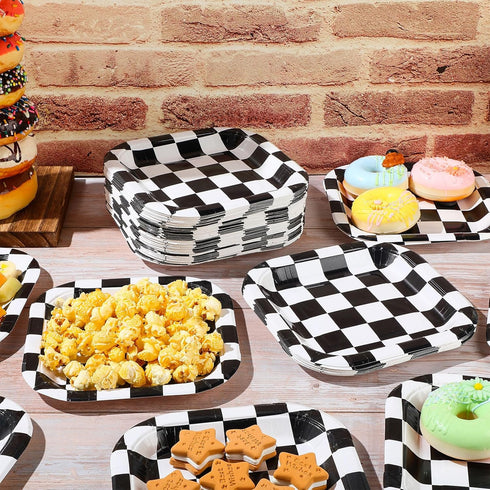 100 Pcs Black and White Checkered Dessert Plates, 7 x 7 Inch Disposable Square Paper Plates for Birthday and Baby
