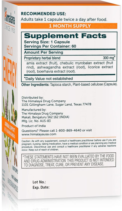 Himalaya Hello Energy Herbal Supplement - Daily Energy Support with Ashwagandha, Amla, Haritaki, 60 Capsules, Vegan