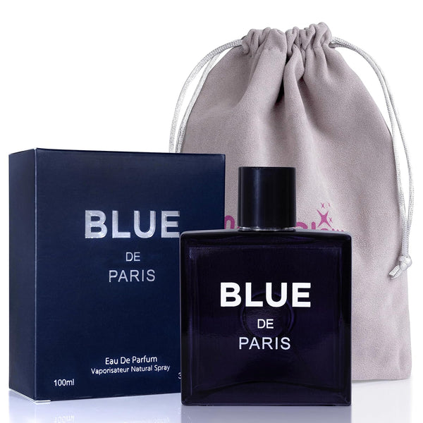 NovoGlow Blue De Paris for Men - 3.4 Fl. Oz. Perfume with Carrying Pouch - Woody Floral & Fruity