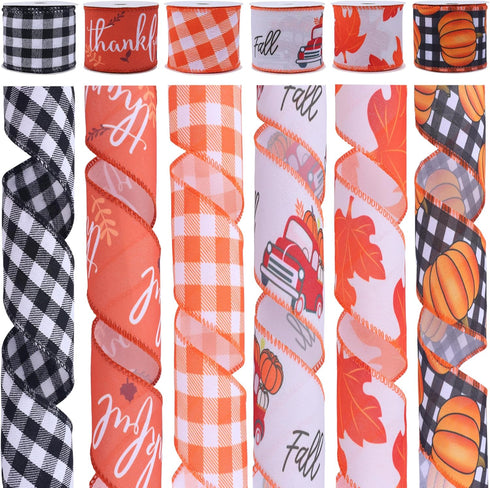 VATIN Fall Wired Ribbon, 2.5 Inch x 90 Feet, Buffalo Plaid/Pumpkin/Maple Leaves for Wreath Bows, Thanksgiving Decor