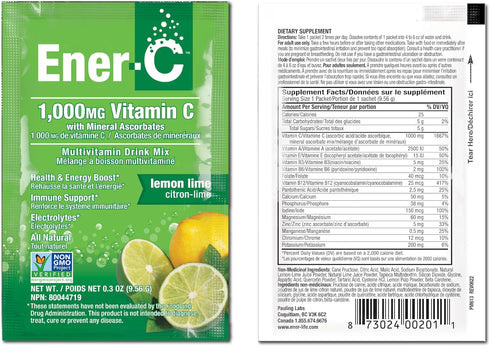 Ener-C Lemon Lime Multivitamin Drink Mix Powder - 1000mg Vitamin C & Electrolytes - 60 Count - Non-GMO Vegan