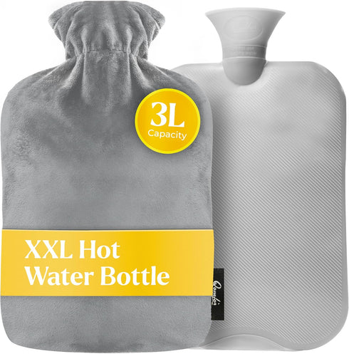 Qomfor Hot Water Bottle - with Soft Premium Fleece Cover - Gray, 3L