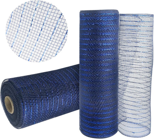 2 Rolls Navy Blue Deco Mesh Ribbon, 10 in x 30 ft with Blue Foil Wire for Christmas Wreath Decoration
