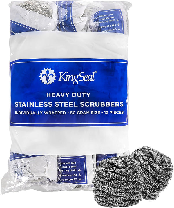 KingSeal Stainless Steel Scrubbers, Heavy Duty Scrub Pads, 50g Weight, 2 Packs of 12 (24 Count), Individually Wrapped