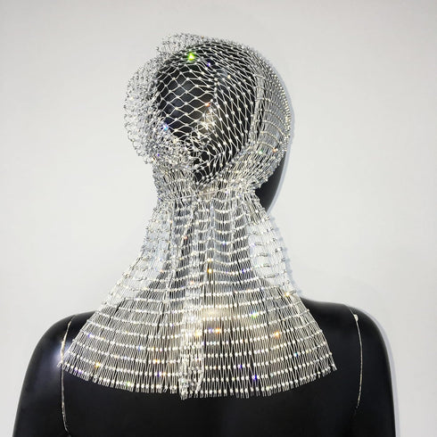 Rhinestone Head Scarf for Women - Bling Sparkle Hair Cap, Rave Turban Headband with Crystal Mesh Snood