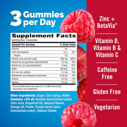 Emergen-C Immune+ Gummies, Vitamin D Plus 750 mg Vitamin C, Immune Support Dietary Supplement, Raspberry Flavor - 45