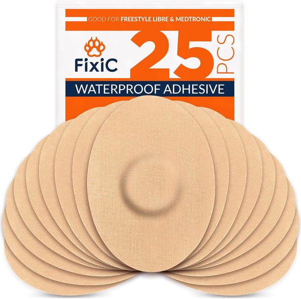 FixiC Freestyle Adhesive Patches, 25 PCS for Libre 1, 2, 3 & Plus, Waterproof Adhesive Covers, Best Fixation (Tan)