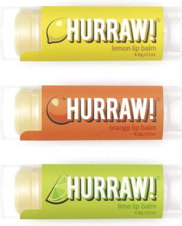 Hurraw! Lemon, Orange, Lime Lip Balms, 3 Pack Bundle: Organic, Vegan, Cruelty Free