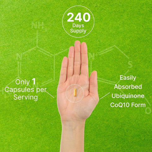 CoQ10 100mg - 240 Capsules with Omega 3 Fatty Acid 100mg, Bioavailable Coenzyme Q10 for Heart, Energy & Brain Health