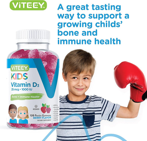 Vitamin D3 Kids Gummies 25mcg 1000 IU - Vegetarian, Gelatin Free, Gluten Free, GMO Free - Tasty Berry Flavored Gummy