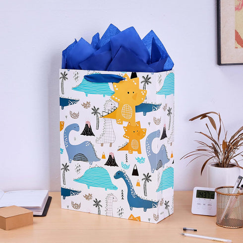 SUNCOLOR 16" Extra Large Gift Bag with Tissue Paper for Boys (Dinosaurs)