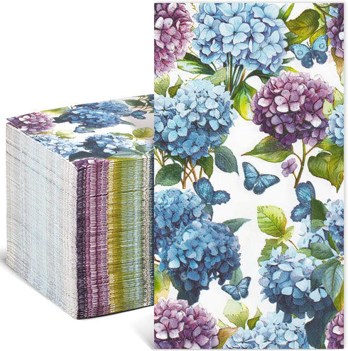 Homlouue 100PCS Watercolor Hydrangea Floral Napkins, 3 Ply Disposable Guest Towels for Spring Summer Fall