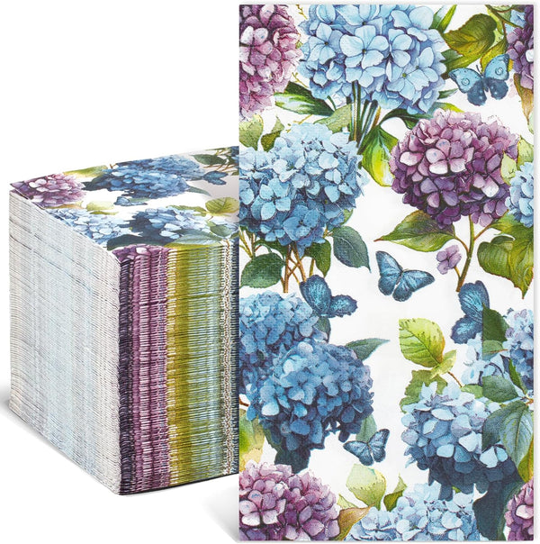 Homlouue 100PCS Watercolor Hydrangea Floral Napkins, 3 Ply Disposable Guest Towels for Spring Summer Fall