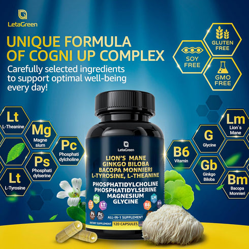 Organic Lions Mane Supplement Capsules - 120 Capsules with Ginkgo Biloba, Bacopa Monnieri for Brain Support