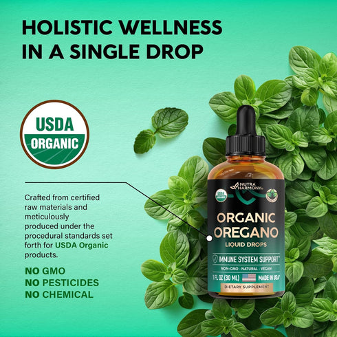 USDA Organic Oil of Oregano | Immune Support Liquid Drops with Vitamin E, Non-GMO, Natural, Vegan - 1 Fl Oz