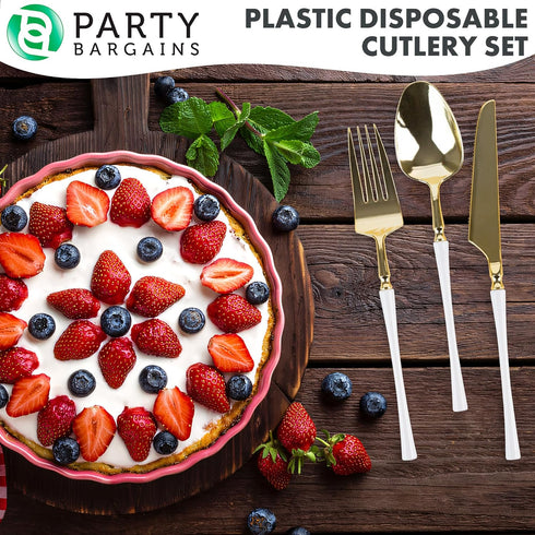 Party Bargains Disposable Plastic White Gold Cutlery Set, 40 Pack with 16 Forks, 8 Knives, 16 Spoons, Infinity Modern