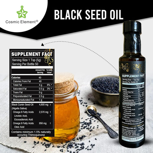 Cosmic Element Cold Pressed Black Seed Oil, Organic Omega 3 6 9, Vegan Nigella Sativa, 8.4 Fl Oz for Immune Support.