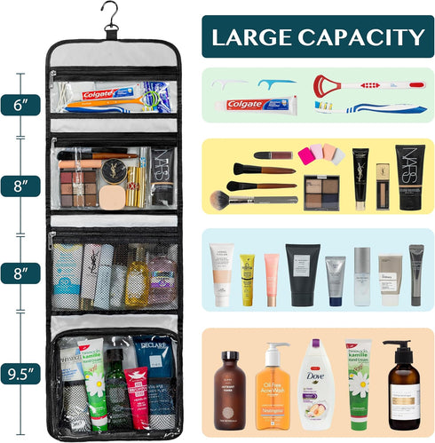 PAVILIA Travel Hanging Toiletry Bag for Women Men, Large Capacity Waterproof Cosmetic Storage Organizer Case, Black